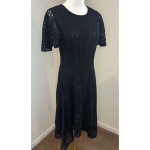 Donna Karan New York Lace Dress Women 8 Navy Black Handkerchief Hem Cocktail